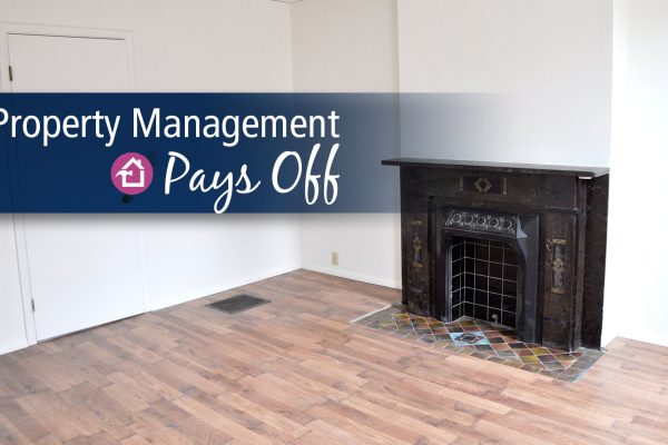 Property Management pays off text with picture of fireplace